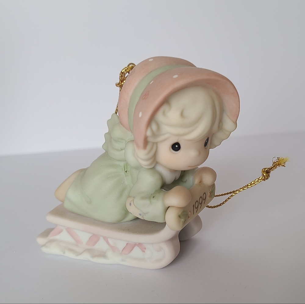 Vintage Precious Moments Girl Sled Porcelain Christmas Tree Figurine Ornament
